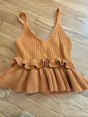 Rust Orange Knit Ruffle Peplum Tank Top